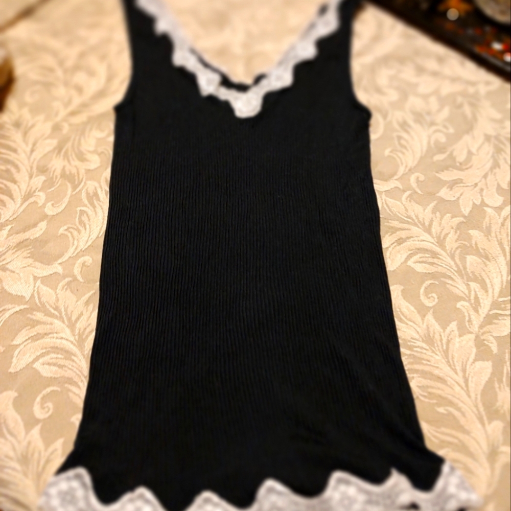 🐦⬛ Sweet Precious Merona Black Ribbed & Ivory Scalloped Lace Cami Tank Top - M - Picture 14 of 15